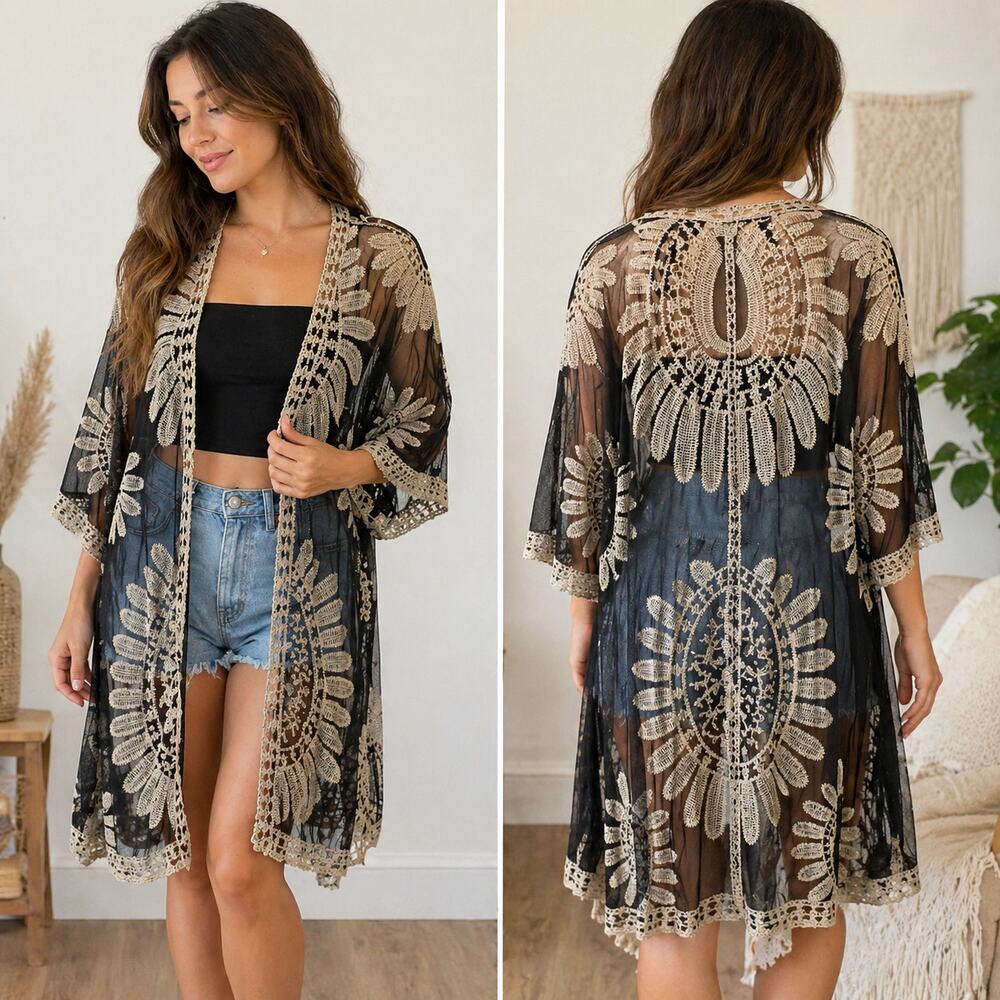 Indigo Thread Co Black Mesh Lace Kimono Cover Up One Size